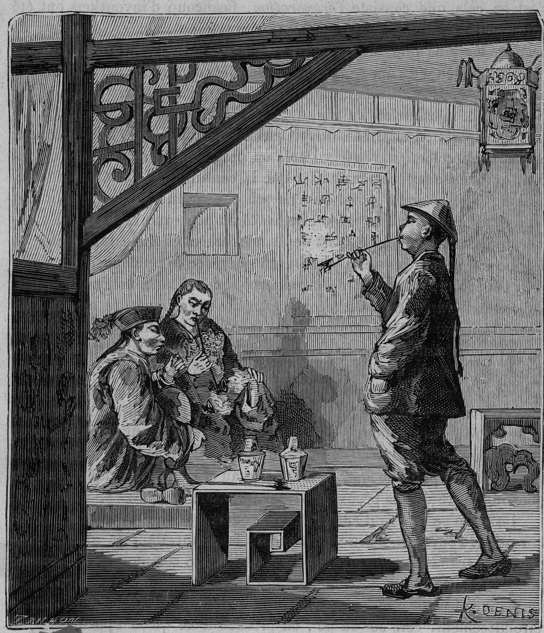 Oopiumin tupakoitsijat Kiinassa 1800-luvulla - Kiinalaiset oopiumin tupakoitsijat - Kaiverrus "" Tieteet kaikkien saatavilla - Suosittu fysiikka ja kemia", kirjoittanut Alexis Clerc - 1800-luvun loppu - Yksityinen kokoelma tekijältä French School
