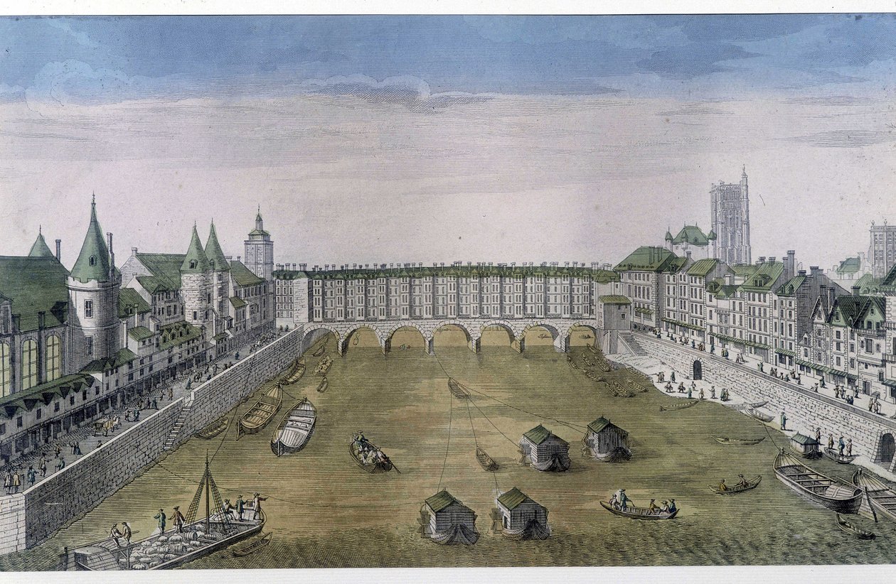 Optinen näkymä Pariisista: Le Pont au change. sd. v. 1800, Pariisin kaupunki. tekijältä French School