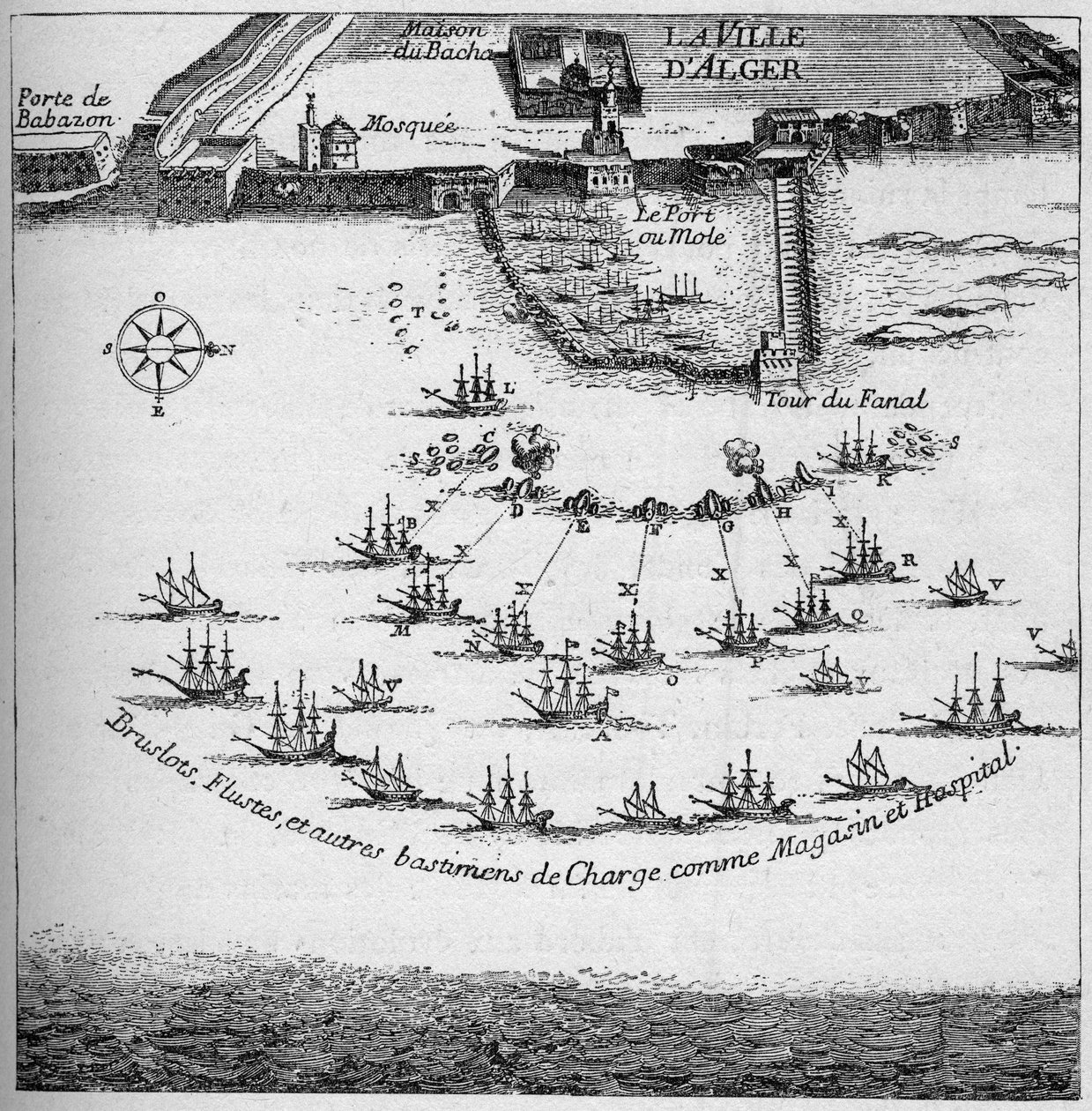 Ranskalaisten laivojen ritarikunta hyökkäämisestä Algeria vastaan vuonna 1683. Kaiverrus "La Marine et les colonies: commerce" tekijältä French School