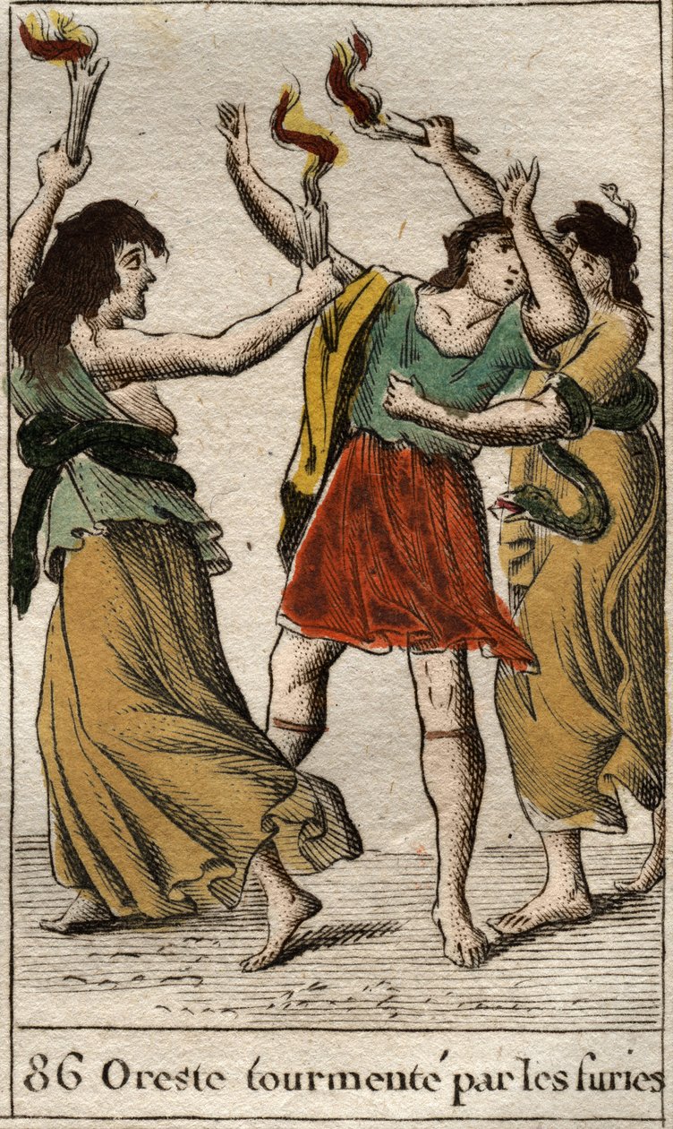 Orestes, jota Eronyes (tai Furies) jahtaavat kostaessaan isänsä Agamemnonin kuoleman tappamalla hänen äitinsä Clytemnestran). Pierre Blanchardin "Nuoruuden mytologiasta" vuodelta 1803. tekijältä French School