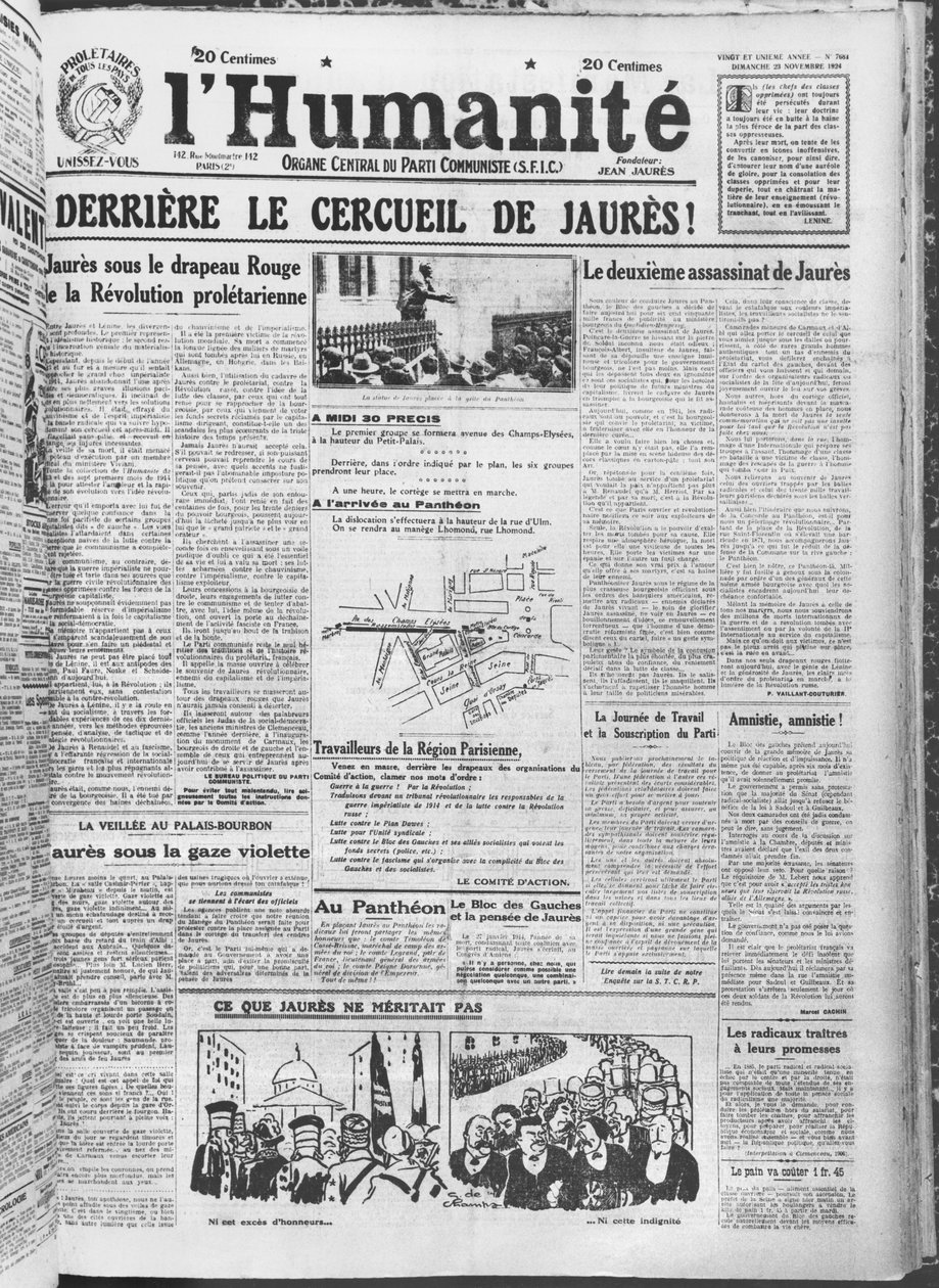 Jean Jauresin siirron järjestäminen Pariisin Pantheoniin LHumanitesta, 23. marraskuuta 1924 (painettu paperi) tekijältä French School