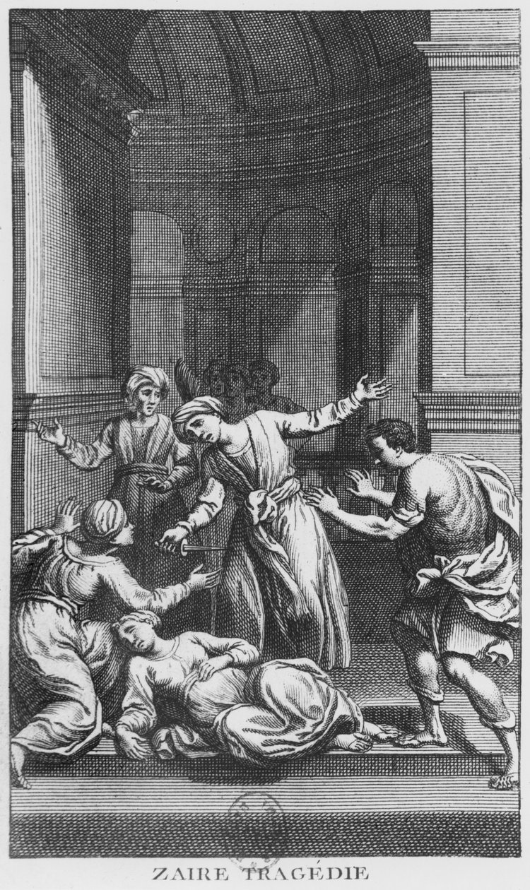 Orosmane tappaa Zairen, kuvitus Voltairen (1694-1778) Zairen V näytöksestä (kaiverrus) (m/v kuva) tekijältä French School