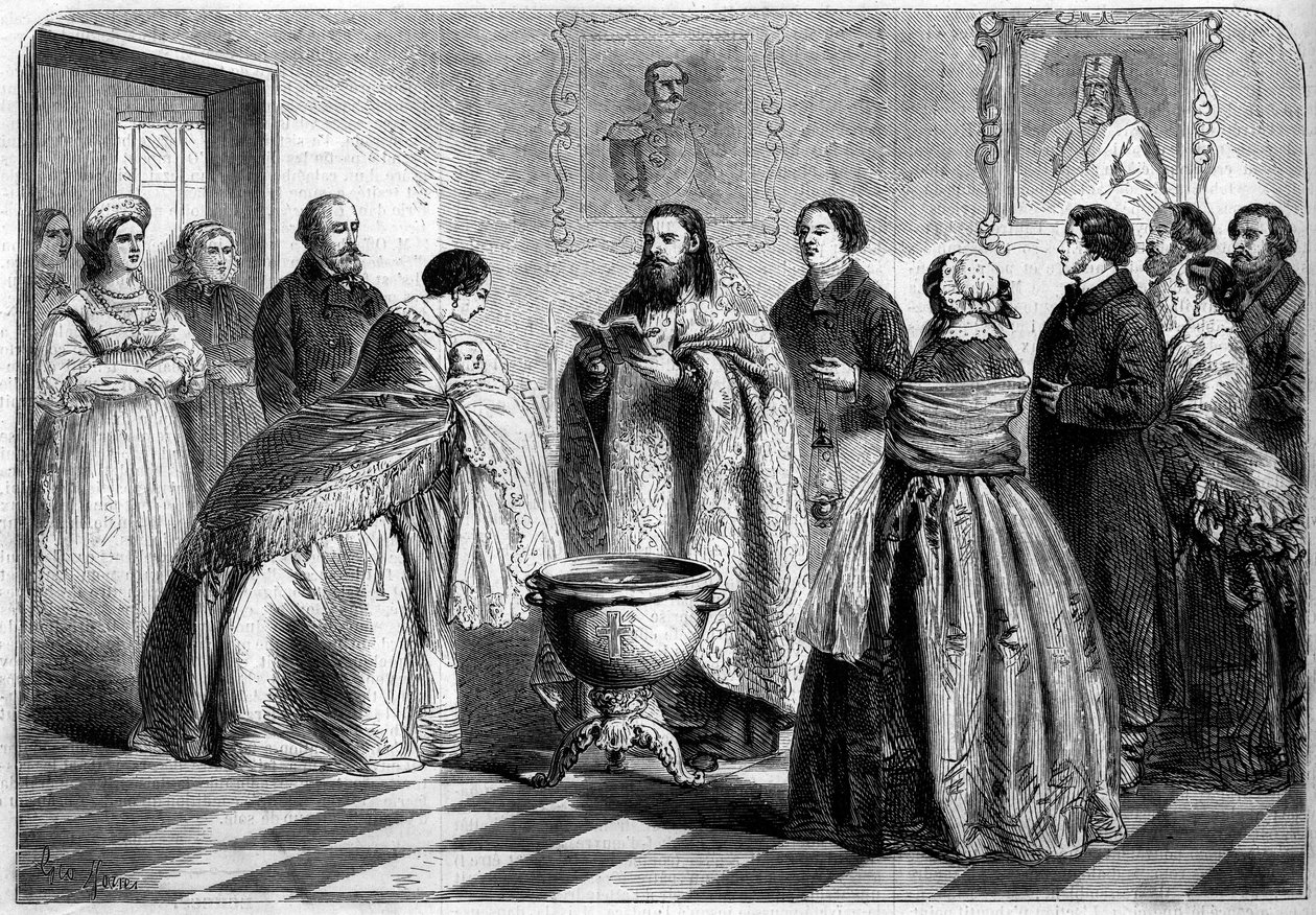 Ortodoksinen riitti - kaste: kreikkalaisen riitin mukaan kastetilaisuus Venäjän ylemmässä yhteiskunnassa vuonna 1858. Kummi on läsnä paavin luona ennen kuin hänet upotetaan kastajaan. Kaiverrus "" Le Monde Illustré" -julkaisussa nro 81, 30. lokakuuta tekijältä French School