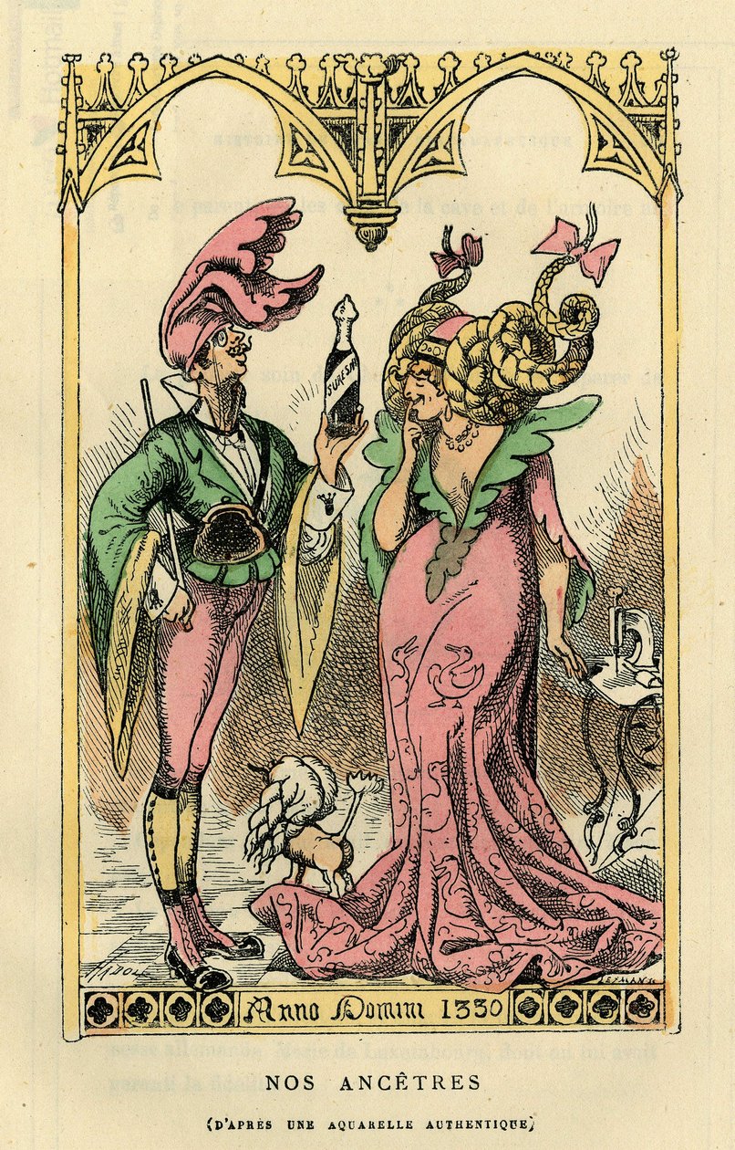 Meidän Ancetresimme, karikatyyri vuonna 1330 tehdyn akvarellin mukaan. Teoksessa "Histoire de France Tintamarresque", Touchatout, Pariisi. tekijältä French School