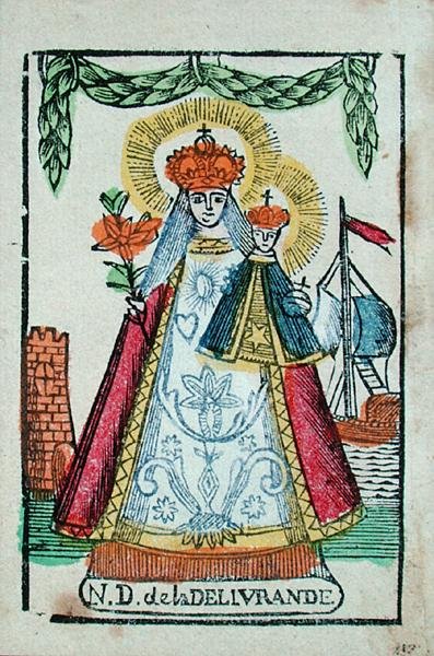 Our Lady of Delivrande, pyhiinvaellusmatkamuisto, n. 1820-1830 (värillinen puupainatus) tekijältä French School