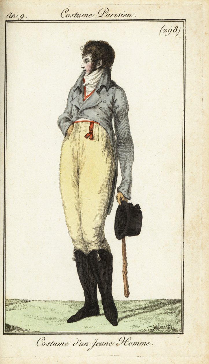 Nuoren miehen tai Incroyablen asu, toukokuu 1801 (käsinvärinen kuparikaiverrus) tekijältä French School