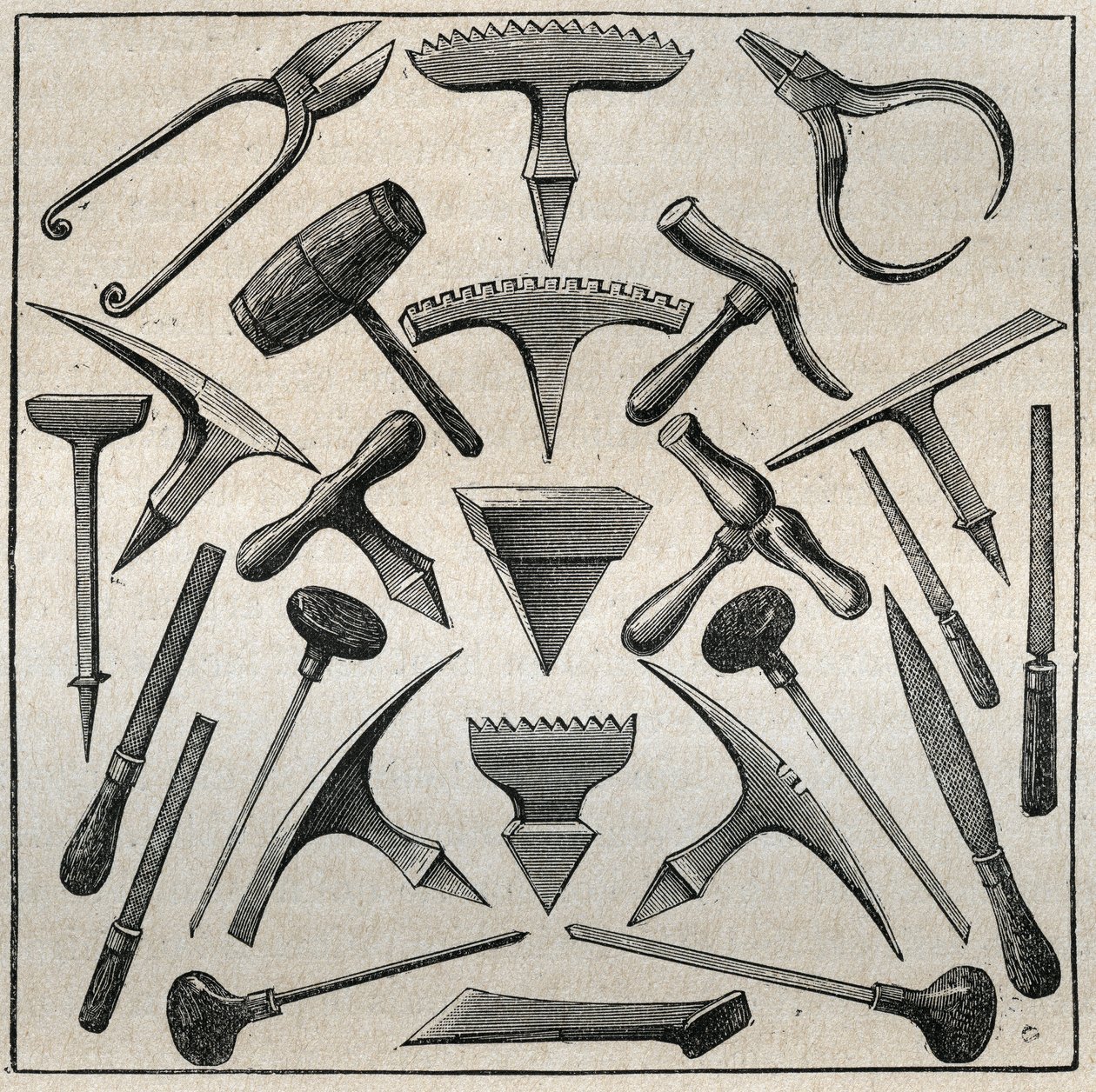Golfevren työkalut. Kaiverrus vuodelta 1885 kirjaan "Les arts et professions illustrés", kirjoittanut Adolphe BITARD. tekijältä French School