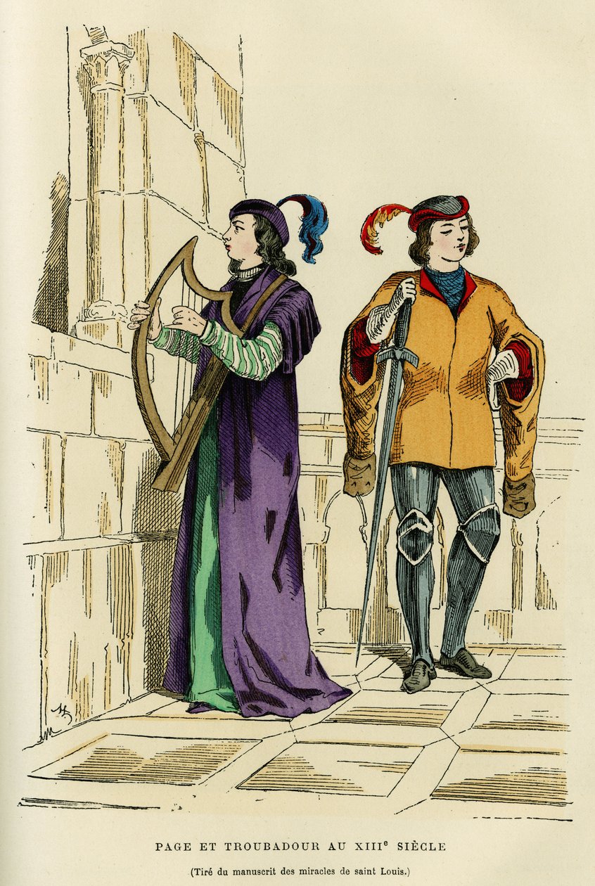 Sivuasut ja trubaduurit 1200-luvulla. Värikaiverrus Saint Louisin (Louis IX 1214-1270) ihmeiden käsikirjoituksen piirustuksen jälkeen, teoksessa "France et les francais à travers les centuries" Augustin Challamelin, F. Royn toimittaja, Pariisi 1882. S tekijältä French School