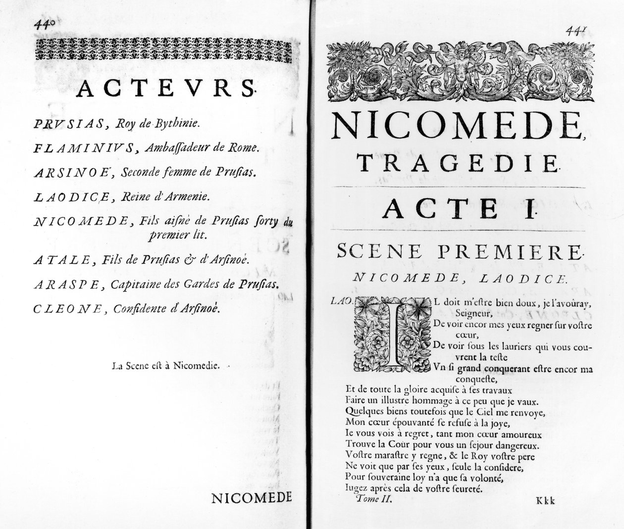 Pierre Corneillen (1606-84) Nikomeden ensimmäisen näytöksen sivu tekijältä French School