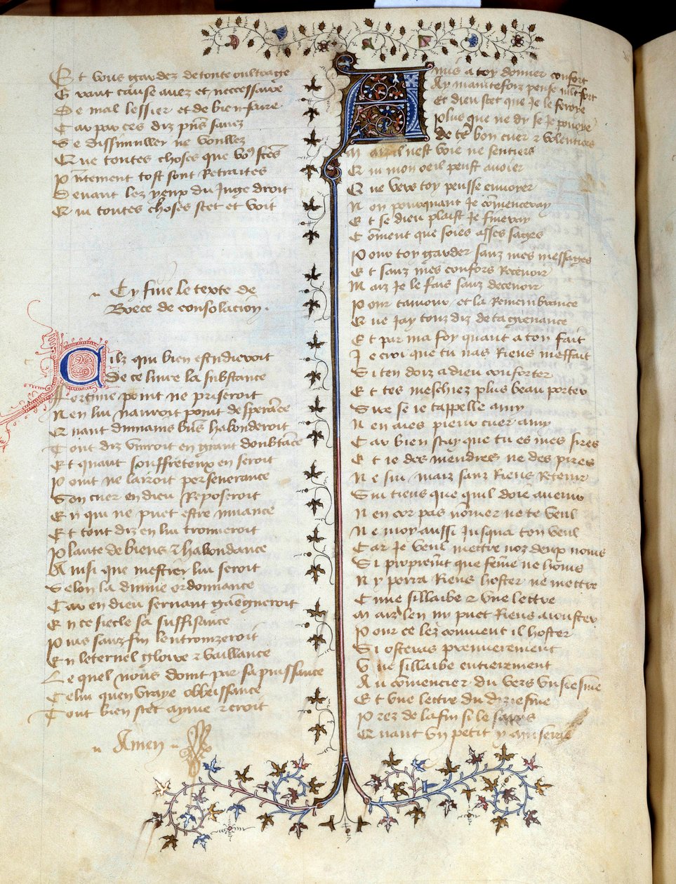Sivu otettu William of Machautin (noin 1300-1377) Charles II:lle vuonna 1357 omistetusta käsikirjoituksesta "" Comfort d