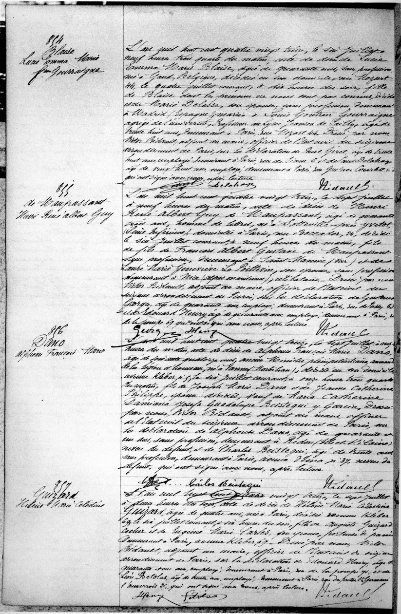 Sivu, jolla on Guy de Maupassantin (1850-1893) kuolintodistus 7. heinäkuuta 1893 (kynä ja muste paperille) (katso yksityiskohdat 199748) tekijältä French School