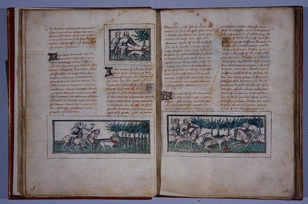 Sivut 57 ja 58, teoksesta Le Livre du Roy Modus et de la Royne Racio, kirjoittanut Henri de Ferrieres, n. 1420 (tussi ja tussi ja wc paperille). tekijältä French School