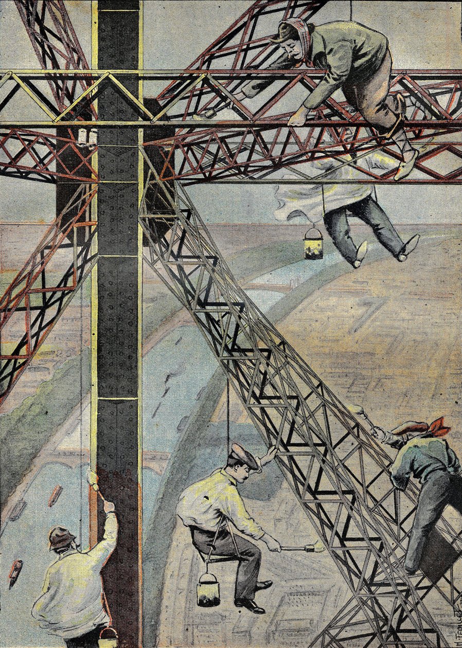 Maalarit töissä 200 metriä Pariisin yläpuolella maalaamassa Eiffel-tornia vuonna 1899. Kaiverrus "" Le Pelerin" -kirjoitukseen 16.7.1899. tekijältä French School