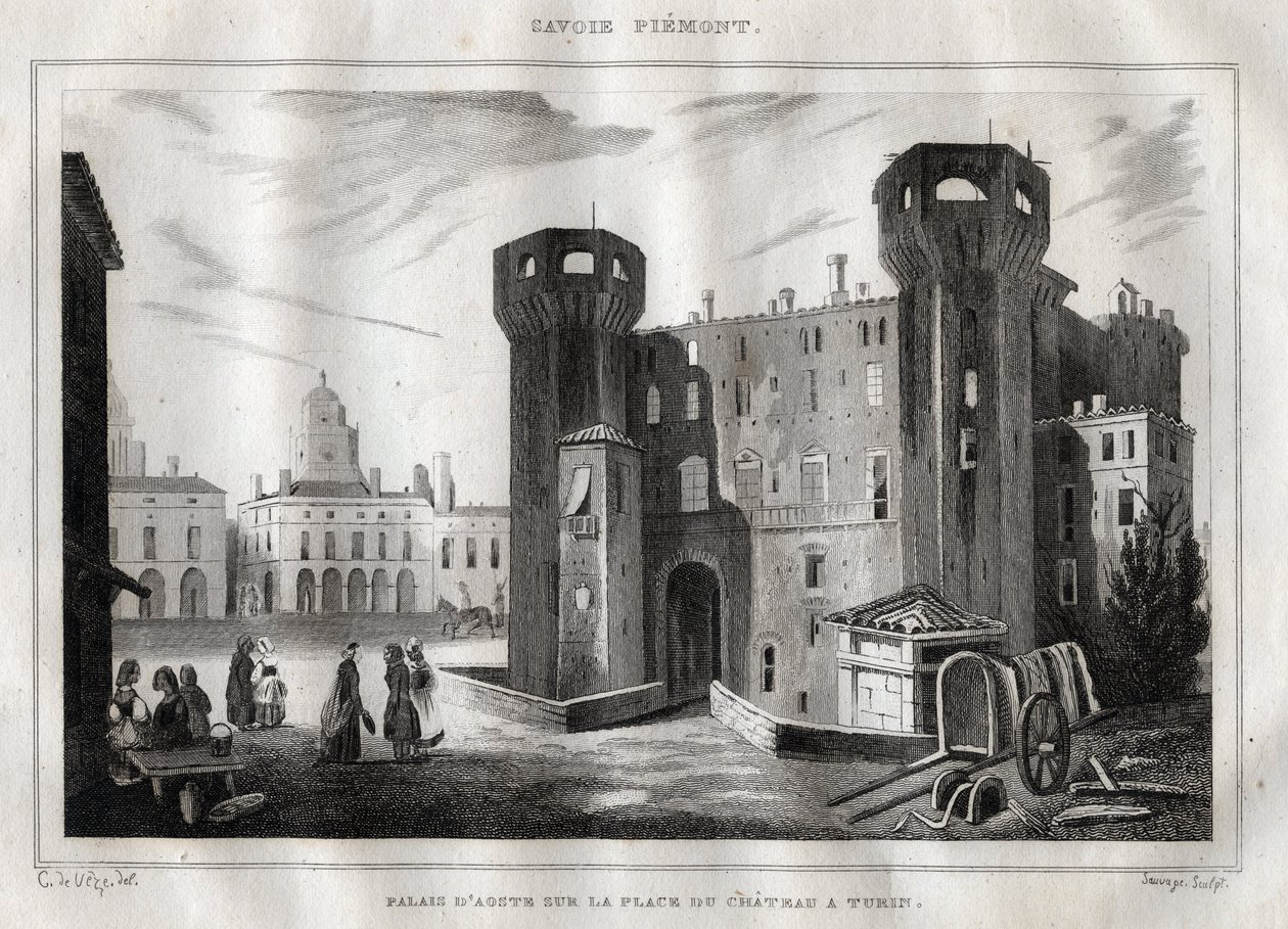 Aostan palatsi Place du Chateau -aukiolla Torinossa - Kaiverrus "Italia maalauksellinen"" - Italian historiallinen ja kuvaava maalaus", M. de Norvins, Ch. Nodier 1834-1836. tekijältä French School