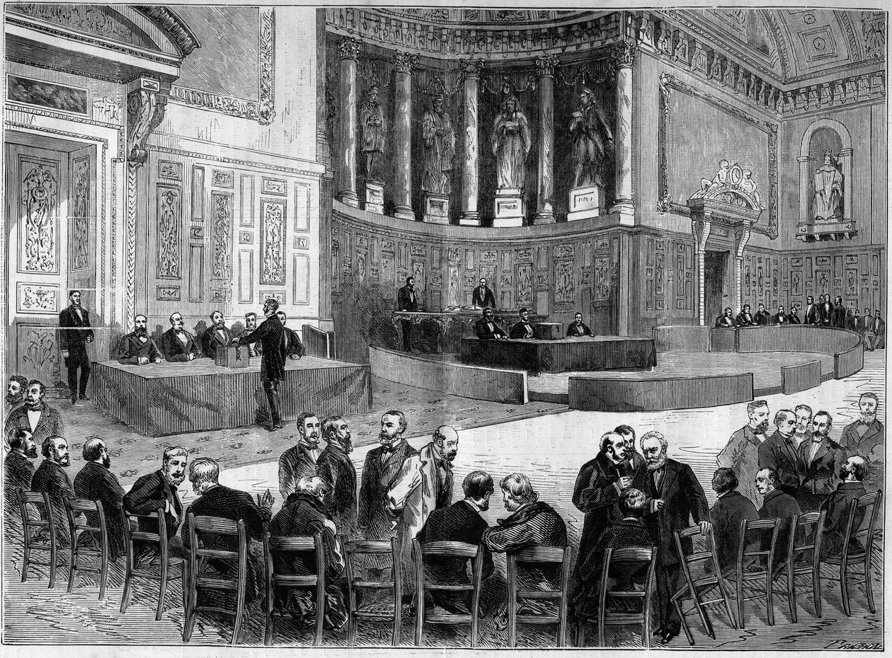 Palais du Luxembourg Pariisissa: vaalit 30. tammikuuta Seinen departementin senaattorien vaaleille. Seisten, toisessa kädessä oleva tuoli tunnetaan Victor Hugo (1802-1885), poliitikko. Kaiverrus "" L