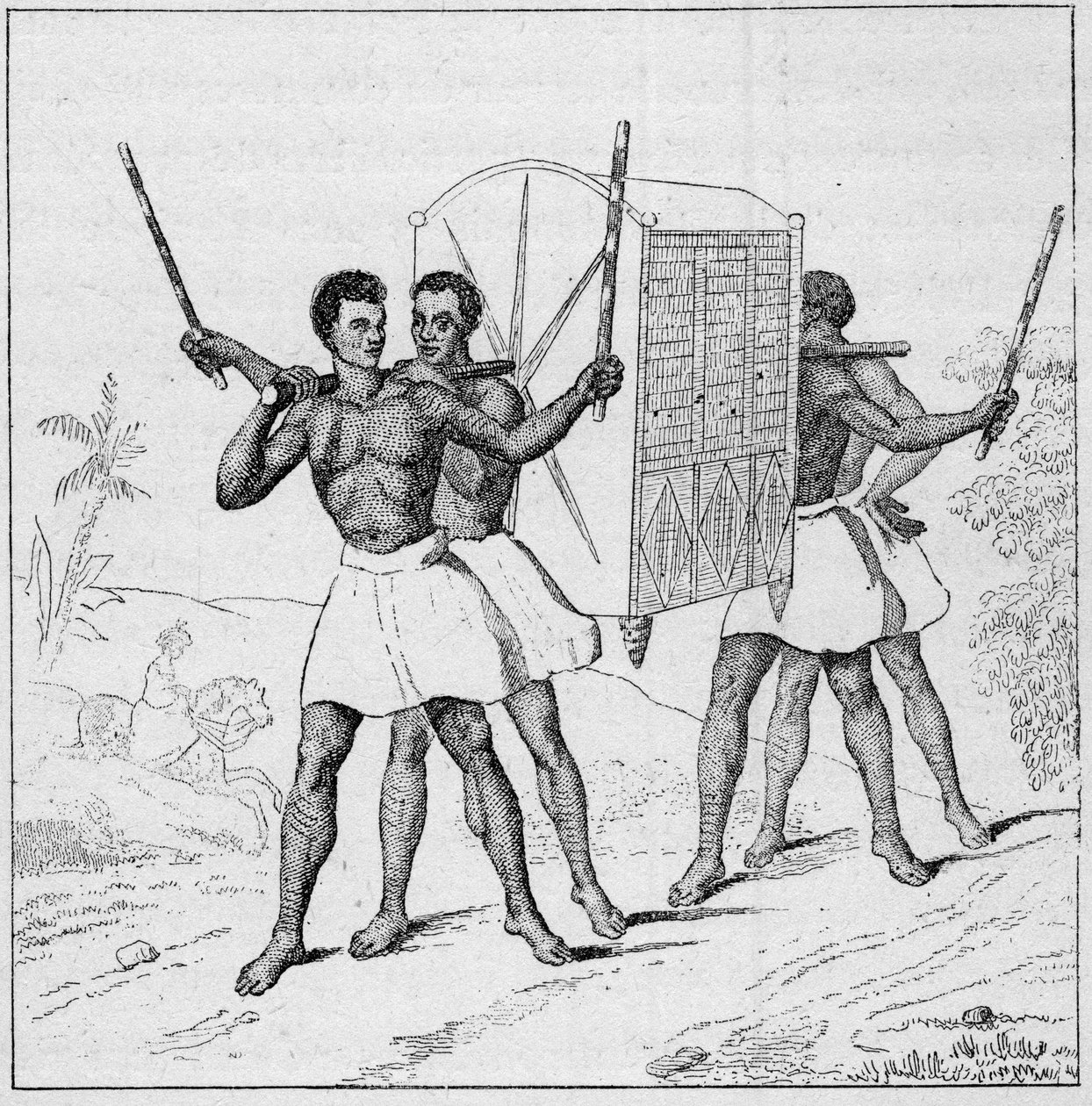 Palanquin-matka Bourbon Islandille (Reunion Island) 1700-luvulla. Kaiverrus kirjassa "La Marine et les colonies: kauppa" tekijältä French School