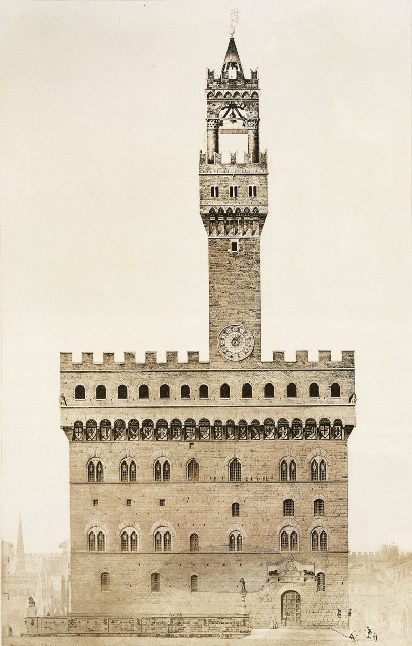 Palazzo Vecchio tai Palazzo della Signoria, Firenze, Fragments dArchitecture du Moyen Age et de la Renaissance -teoksesta, kaiverrus Jules Adolphe Chauvet (s.1828) tekijältä French School