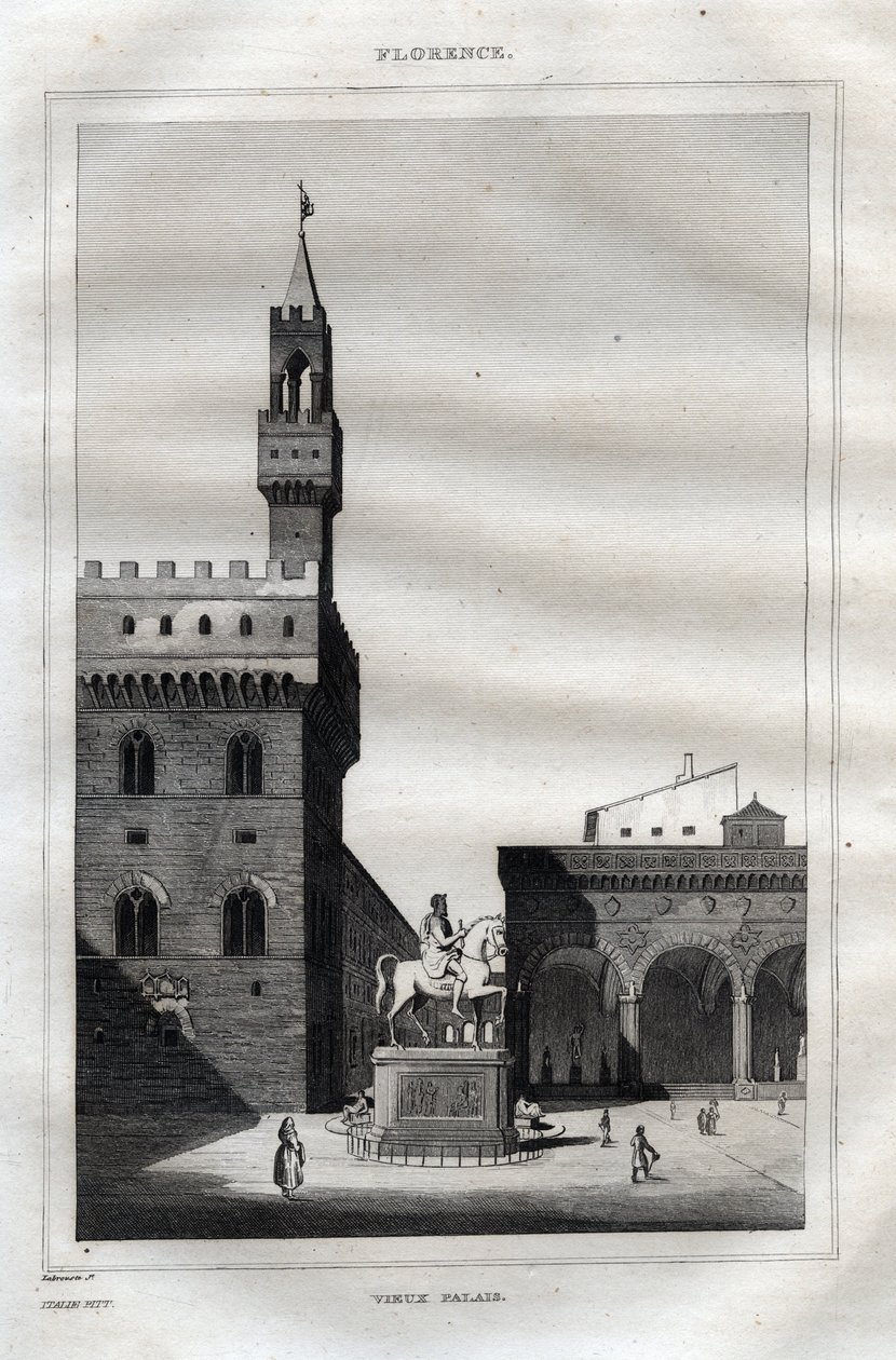 Palazzo vecchio Firenzessä - Piazza della Signoria - Kaiverrus "" Maalauksellisesta Italiasta" - Italian historiallinen ja kuvaava maalaus", M. de Norvins, Ch. Nodier 1834-1836. tekijältä French School