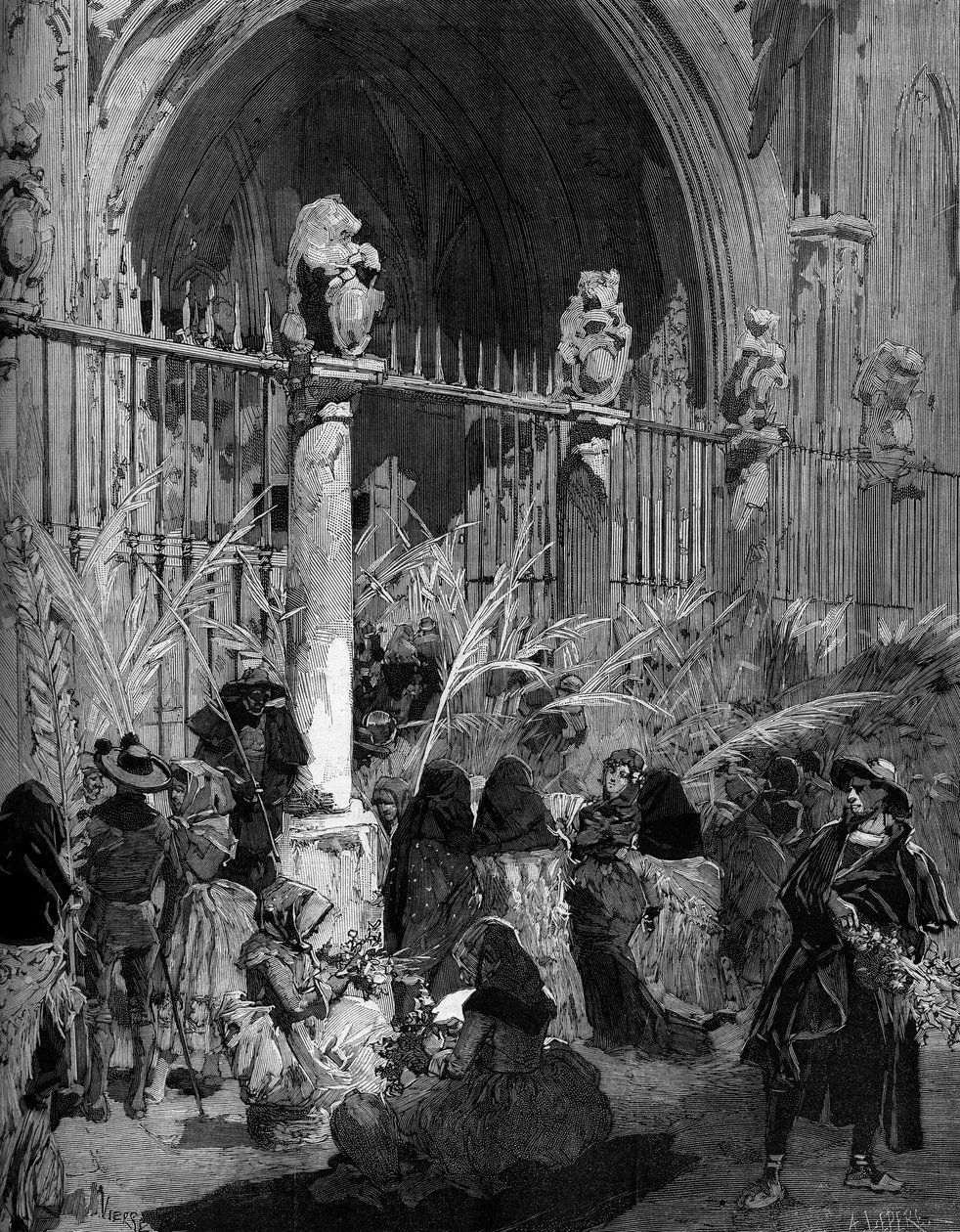 Palmusunnuntai Espanjassa: Beniittipalmujen myynti Toledon katedraalin edessä. Kaiverrus Neitsyt kirjassa "" The Illustrous World"" nro 1200, 27. maaliskuuta 1880. tekijältä French School