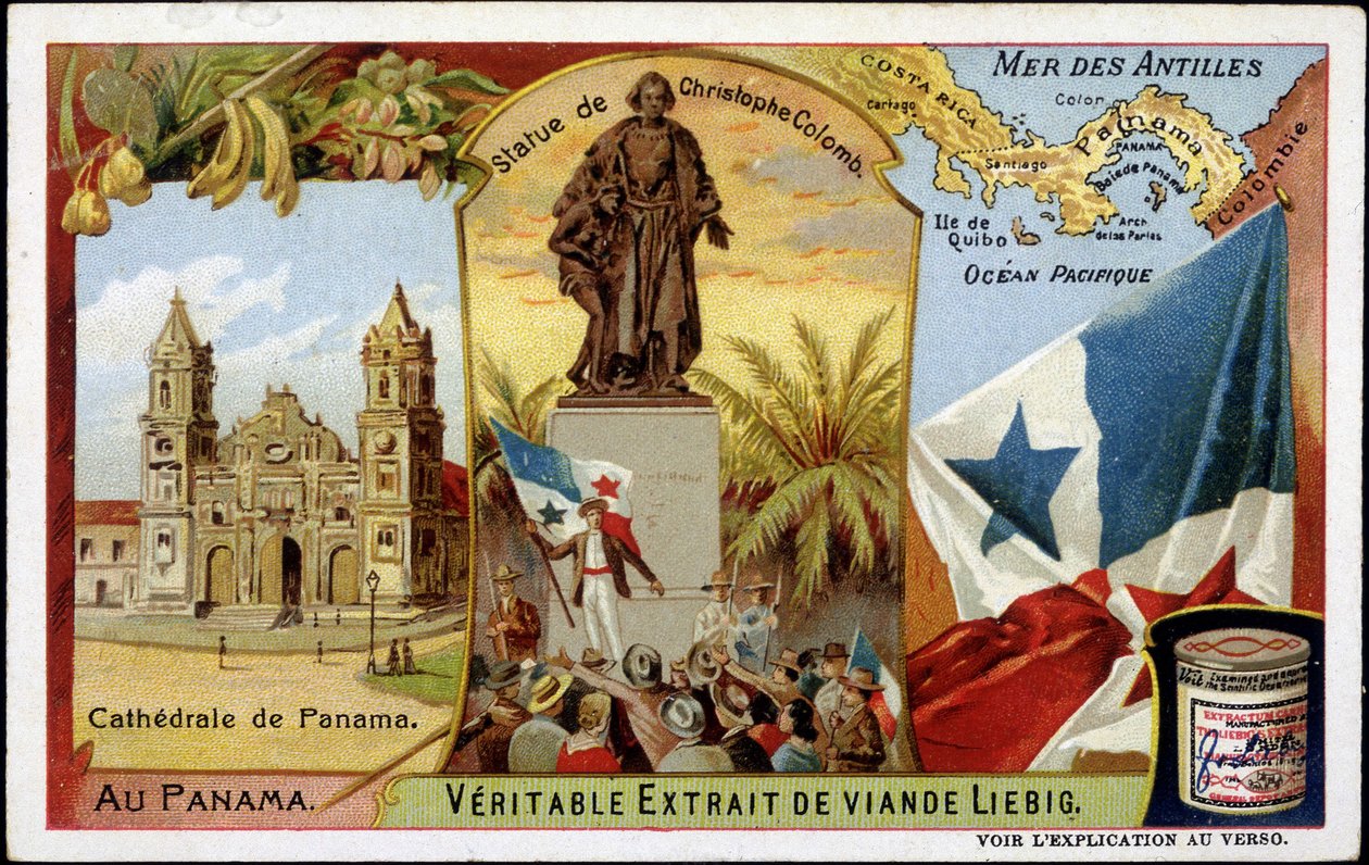Panama: katedraali, Kolumbuksen patsas, lippu - kromo. tekijältä French School