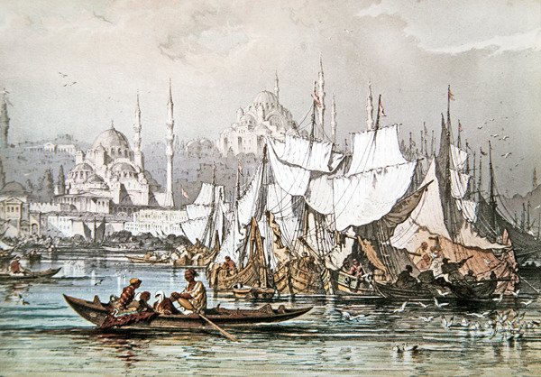 Panoraama merenkulusta Konstantinopolin satamassa Sinisen moskeijan ja Hagia Sofian kanssa tekijältä French School