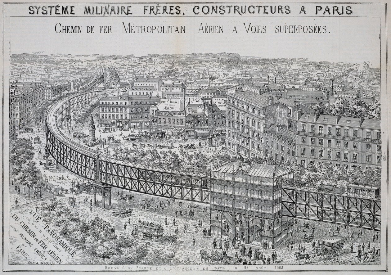 Panoraamanäkymä maanpäälliseen metroon Pariisissa, kuva Le Metropolitainista, toukokuu 1885 tekijältä French School