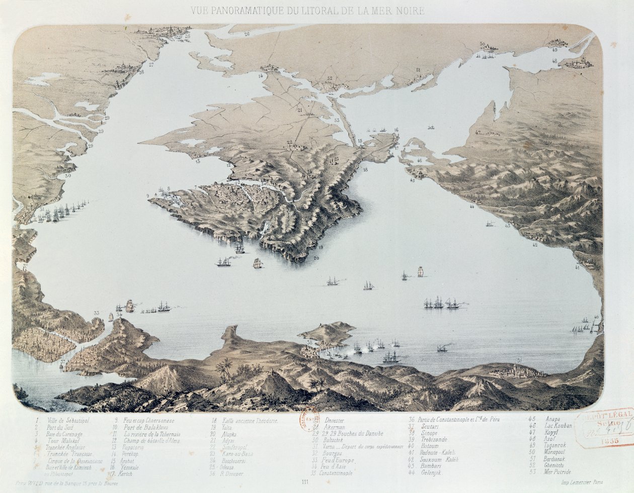 Panoraamanäkymä Sevastopolista ja Mustanmeren rannikosta Krimin sodan aikaan, 1855 tekijältä French School