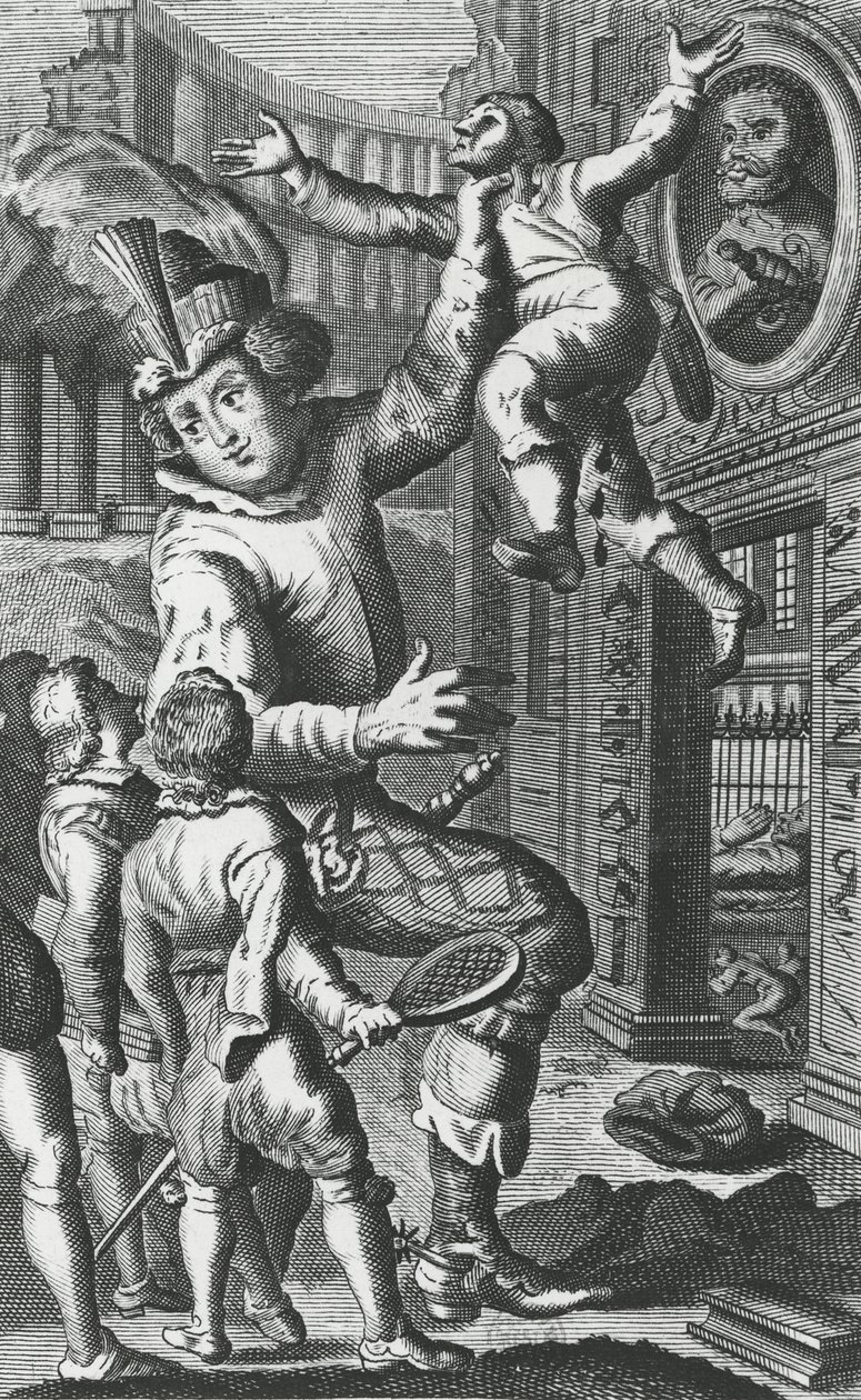 Pantagruel tarttuu Limousiiniin kurkusta, kuvitus teoksesta "Gargantua ja Pantagruel", kirjoittanut François Rabelais (kaiverrus) tekijältä French School