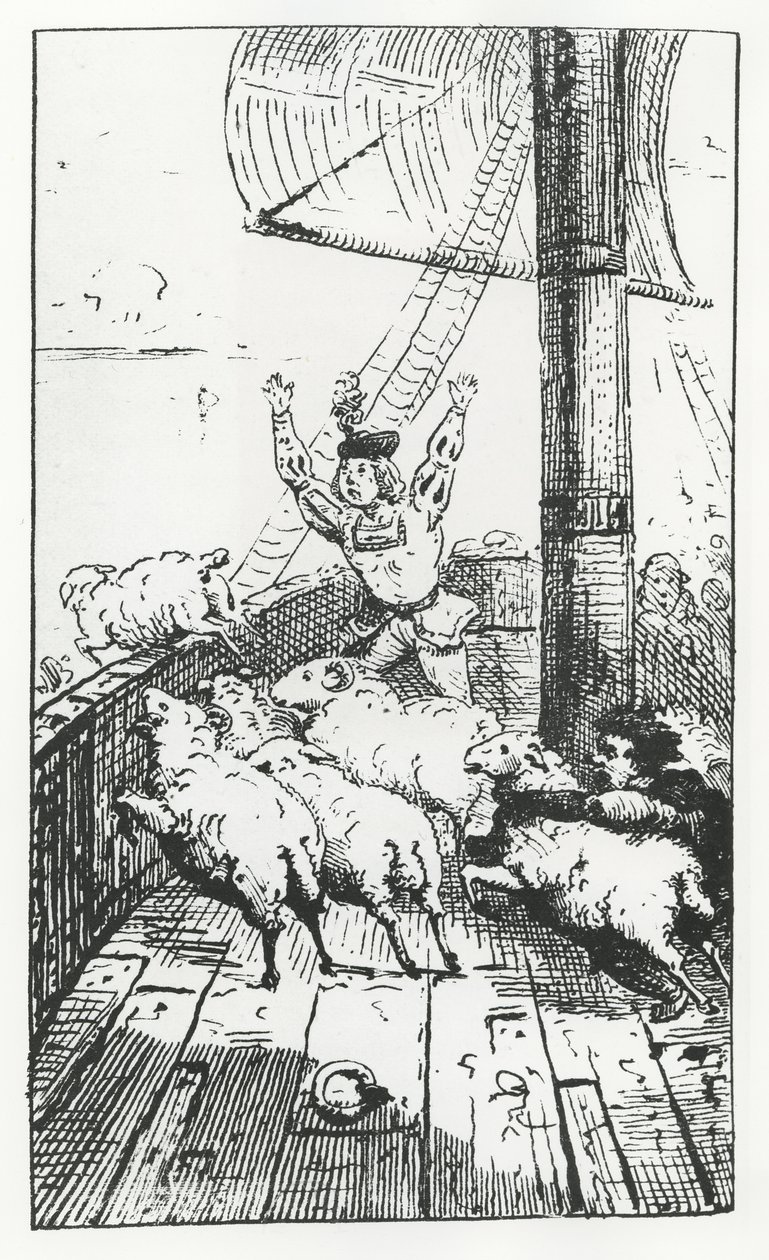 Panurgen lammas, kuvitus teoksesta "Gargantua ja Pantagruel", François Rabelais (kaiverrus) tekijältä French School
