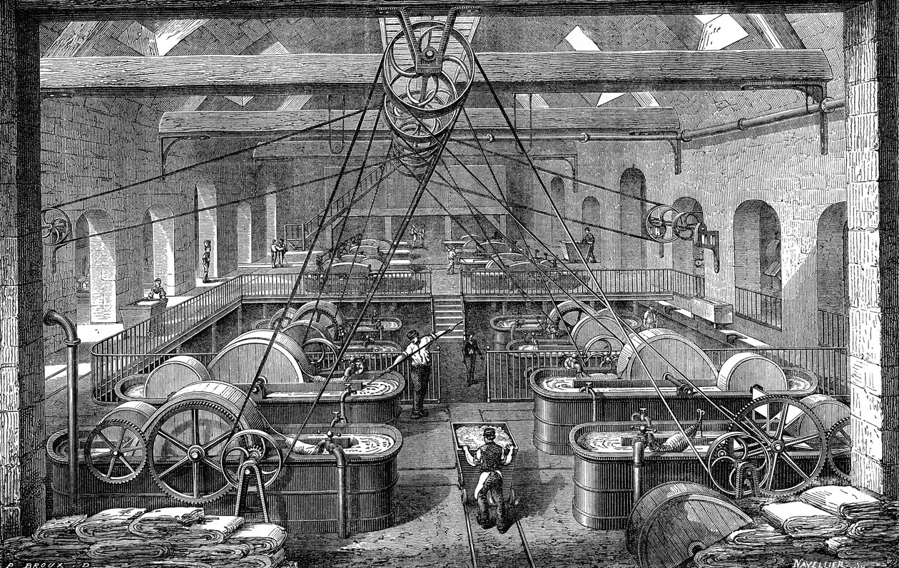 Paperiteollisuus: paperimassan jalostus- ja valkaisupaja. Kaiverrus 1867 tekijältä French School