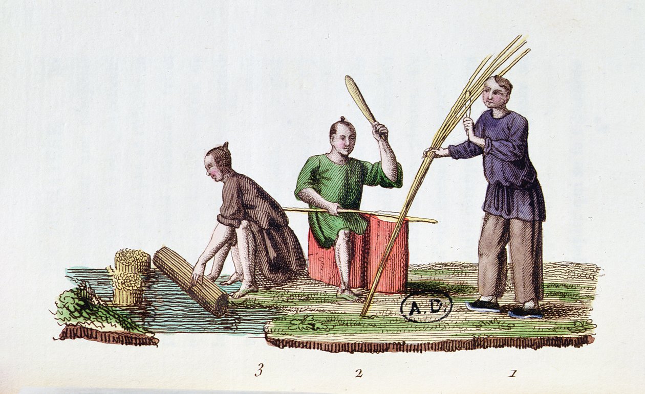 Paperin valmistus bambusta, La Chine en Miniatures, M. Breton, julkaistu Pariisissa, 1811 tekijältä French School