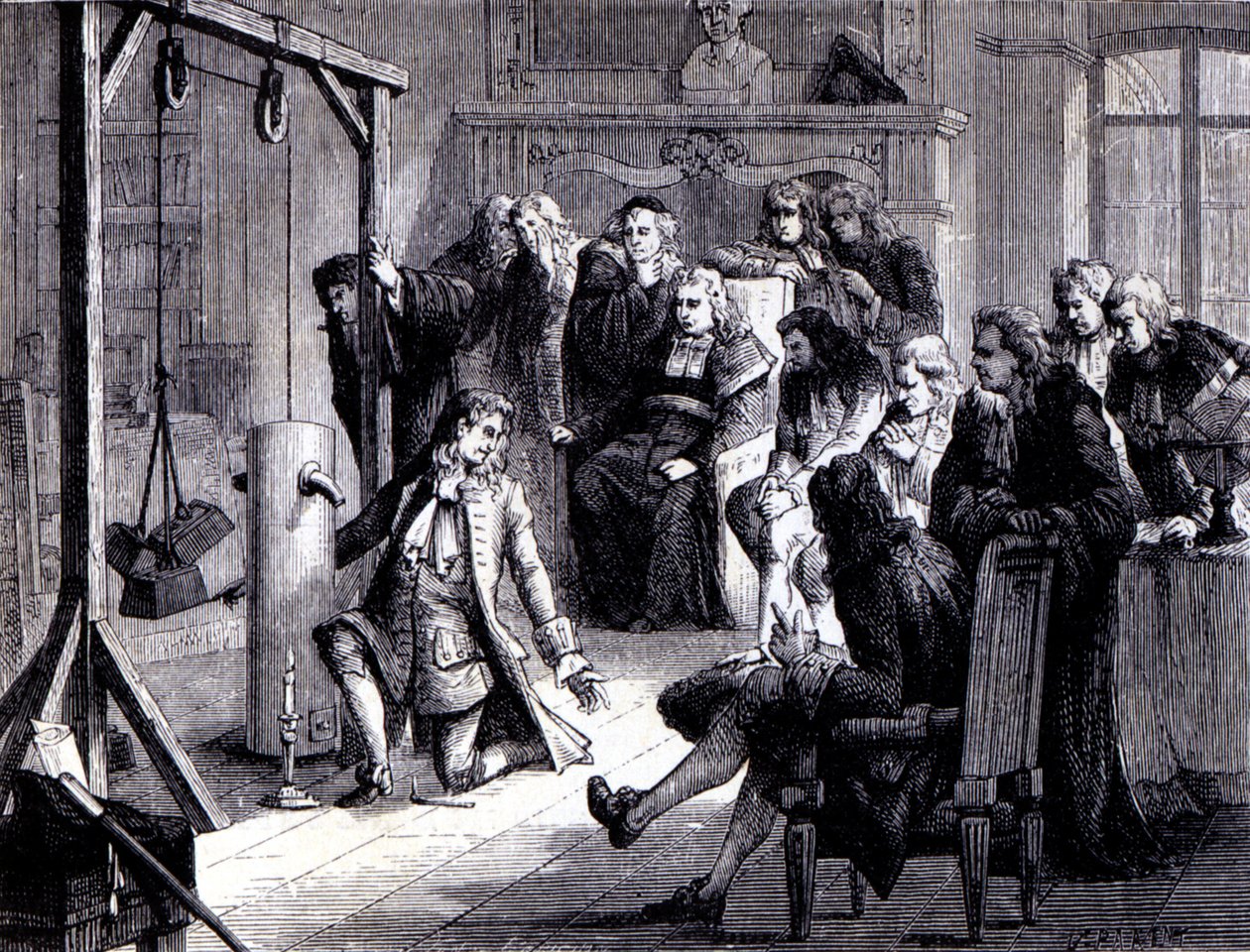 Papin (1647 - 1714) kokeilee jauhekoneellaan ennen Marburgin yliopiston professoreita - kirjassa "Tieteen albumi; maineikkaat tiedemiehet; Suuria löytöjä””” 1896. tekijältä French School
