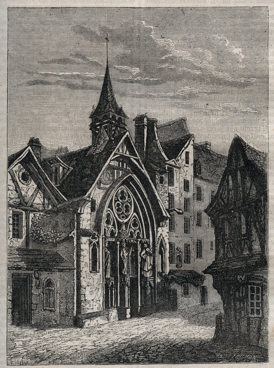 Pariisi - Rue Saint-Martin, kirkko Saint-Julien-des-Menetriers (Saint Julien des Menetriers) Kaiverrus "" Pariisin fyysiseen, siviili- ja moraaliseen historiaan: ensimmäisistä historiallisista ajoista nykypäivään", kirjoittanut Jacques Antoine Dulaure tekijältä French School