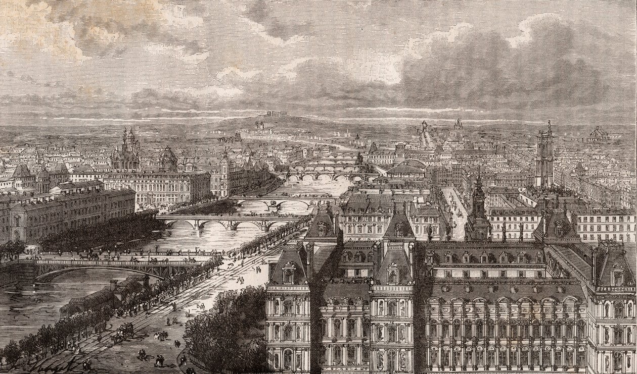 Pariisi - Seine - sillat - näkymä Saint-Gervais-tornista - kaiverrus "La France illustrée: maantiede, historia, tilastohallinto" V.-A. Maltaanruskea. 1884 tekijältä French School