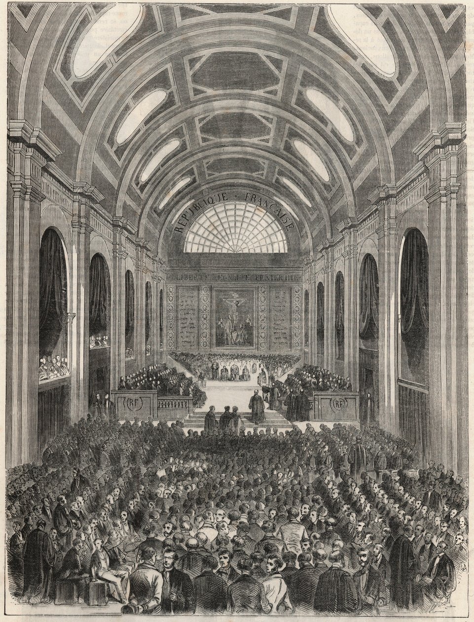Pariisi, Palais de Justice - Salle des Pas Perdus virallisen seremonian aikana - Kaiverrus "Tableau-de-Paris" -kirjoitukseen Edmond Texier 1852 tekijältä French School
