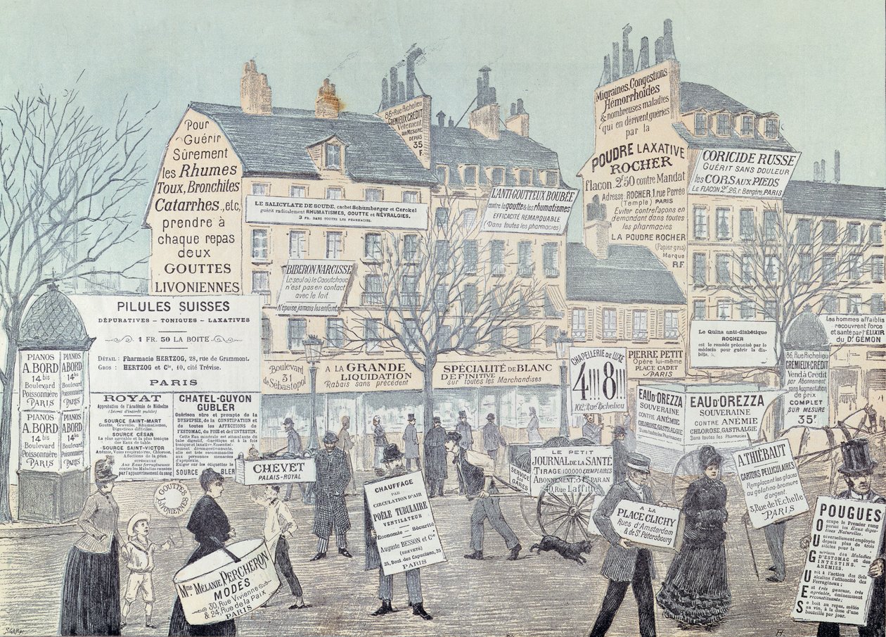 Pariisin katukuva ja paljon mainoksia, pääasiassa lääkkeitä varten, 1885 (värikaiverrus) tekijältä French School