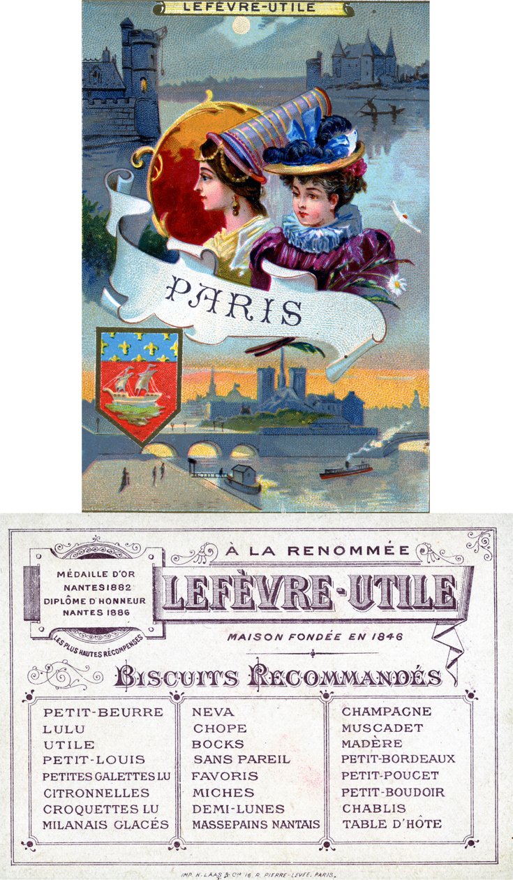 Paris, Lefèvre-Utile (LU) -keksejä koskevan mainoskortin etu- ja takapuoli, 1800-luvun loppu tekijältä French School