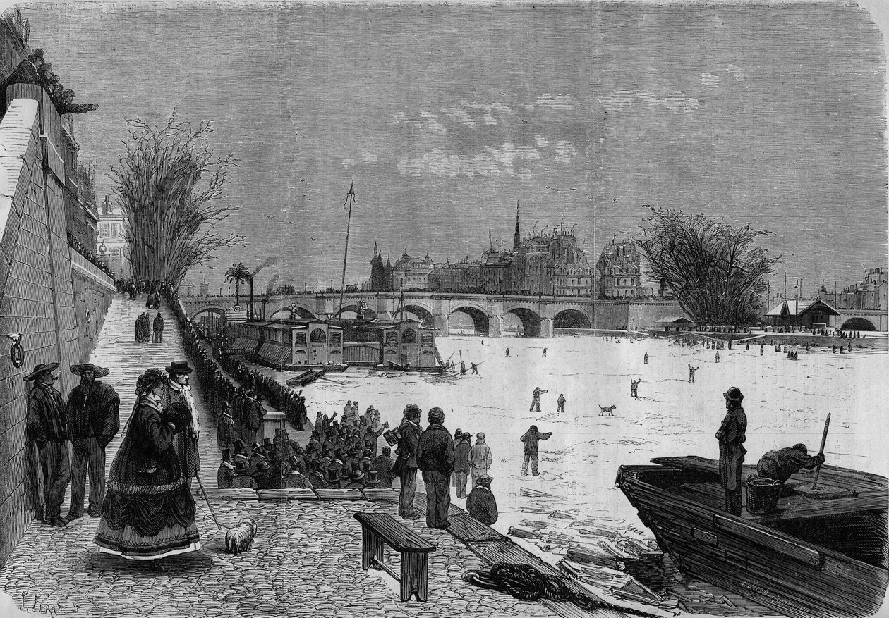 Pariisi, talvi 1868: jäätynyt Seine. Näkymä joelle Pont Neufin korkeudelta. Kaiverrus "Le Monde Illustre" -julkaisussa nro 561, 11. tammikuuta 1868. tekijältä French School