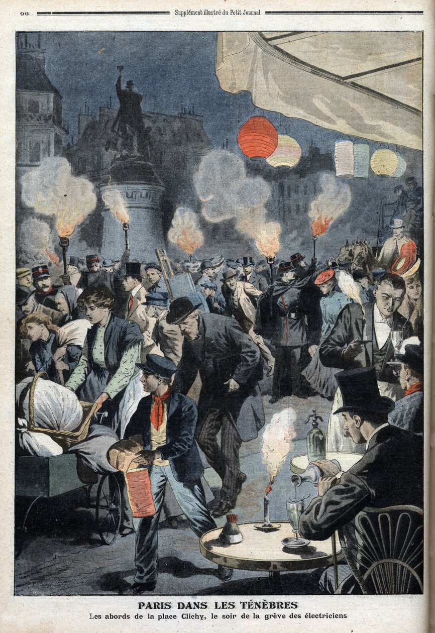 Pariisi pimeydessä - Clichy-paikan ympäristö, sähköasentajien lakon ilta - ”Le petit Journal”, maaliskuu 1907 (kaiverrus) tekijältä French School