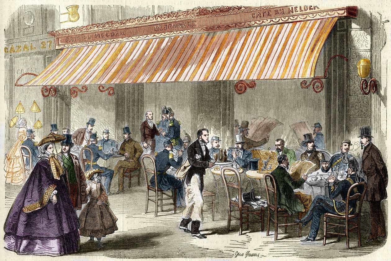 Pariisi 1800-luvulla. Boulevard des Italians vuonna 1859: kahvila Helderin ulkopuolella kello viisi illalla. tekijältä French School