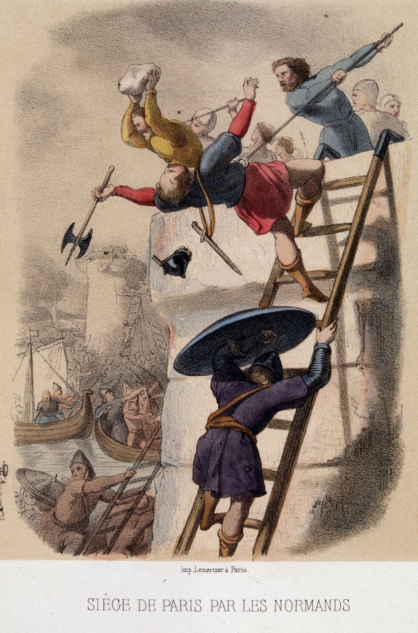 Normanien piiritys Pariisissa (885) - litografia, 1800-luvun loppu tekijältä French School