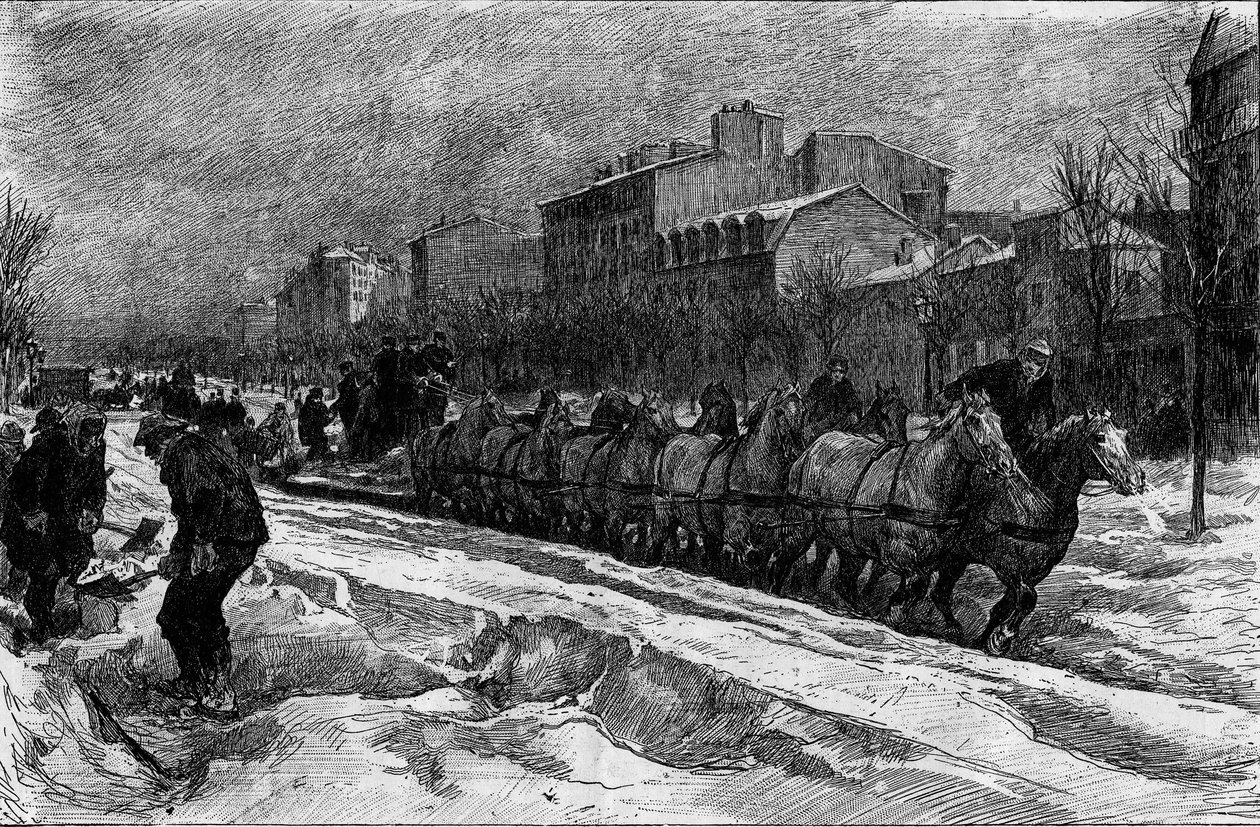 Pariisi lumen alla, talvi 1879-1880: Boulevard Montparnassen jääaura (lumimetsästys). Kaiverrus "" Le Monde Illustré" -julkaisussa nro 1188, 3. tammikuuta tekijältä French School