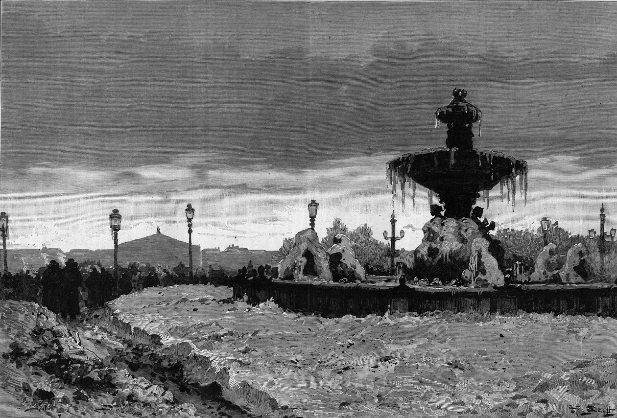 Pariisi lumen alla, talvi 1879-1880: näkymä yhdelle Place de la Concorden suihkulähteistä pakkasen aikana. Kaiverrus Scottin teoksessa "" The Illustrous World"" nro 1188 3. tammikuuta tekijältä French School