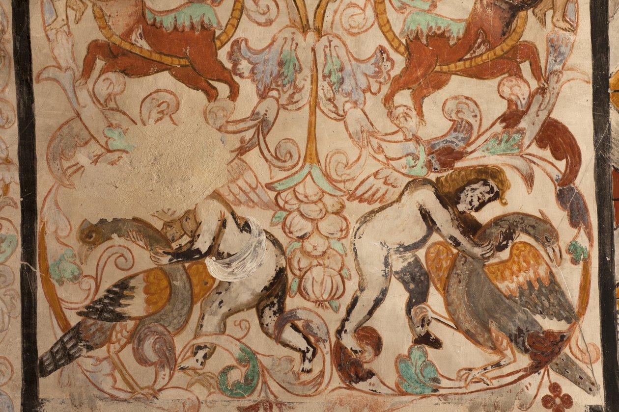 Seurakuntakirkko (Solersin Neitsyt Marian kirkko). Sisustus. Laivat. Seinämaalauksia. Yksityiskohta. 16. vuosisata (?). tekijältä French School