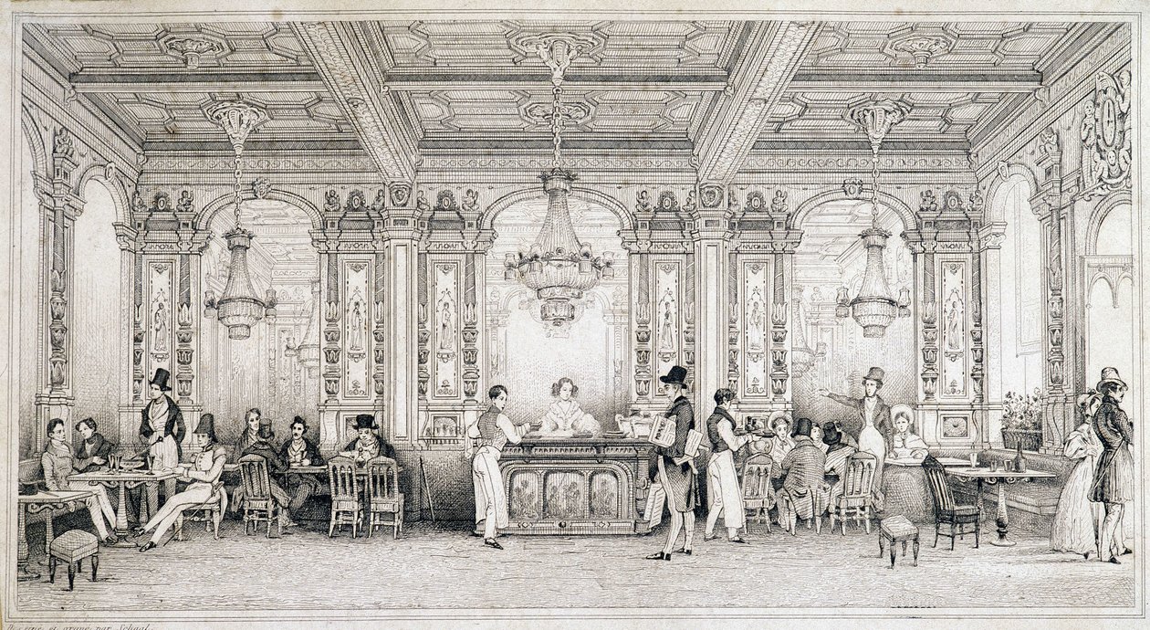 Pariisilainen kahvila 1800-luvun alussa. tekijältä French School