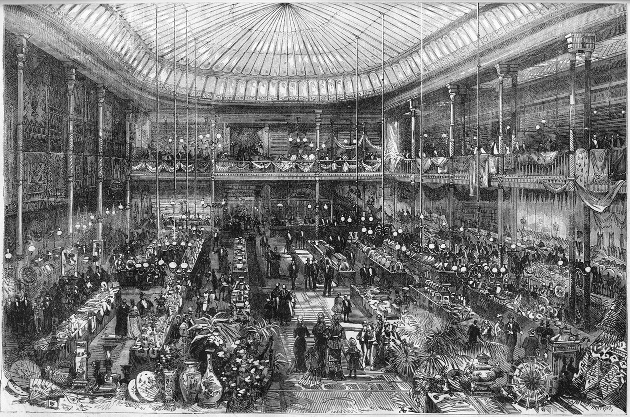 Pariisin tavaratalot: näkymä Little Saint Thomas -myymälähalliin vuonna 1878. Kaiverrus Scottin teoksesta "" The Illustrous World"" nro 1124, 12. lokakuuta tekijältä French School