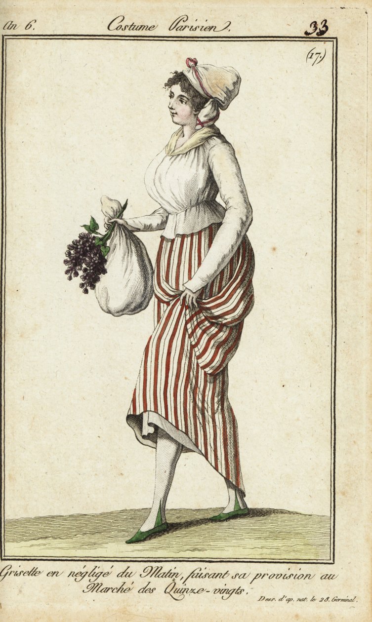 Pariisilainen kauppatyttö rennossa aamupuvussa, 26. maaliskuuta 1798 (käsinvärinen kuparikaiverrus) tekijältä French School