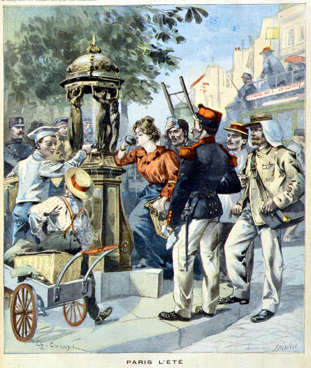 Pariisilaiset juomassa Wallacen suihkulähteen ympärillä - "Le Petit Journal" -lehdessä 19.8.1900 (kaiverrus) tekijältä French School