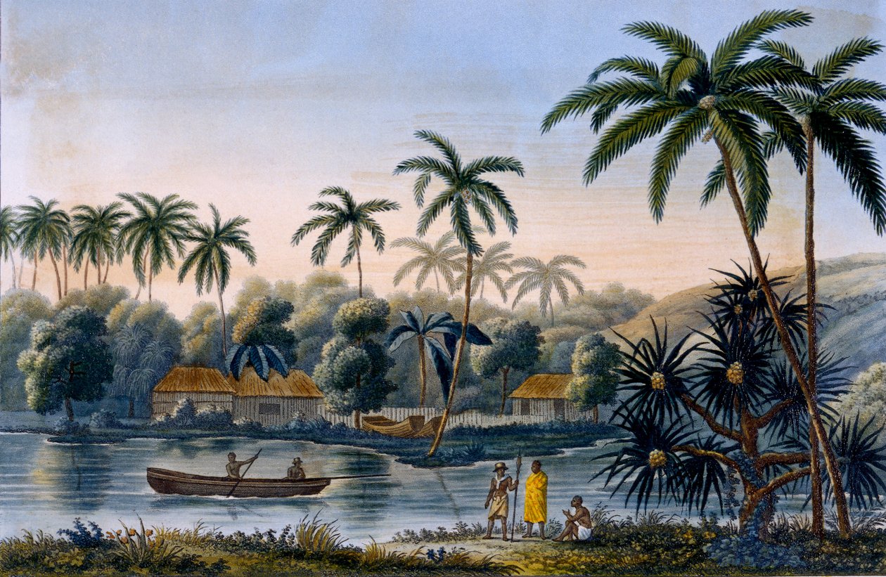 Osa Matavaen kylää, kookospalmuja ja muita hedelmiä, Tahiti, Luutnantti Louis Isodore Duperreyn julkaisusta Voyage around the World on Corvette Coquille, julkaistu 1826 tekijältä French School