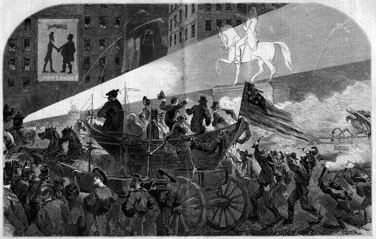 Juhli New Yorkin (New York) kaduilla juhlistamaan transatlanttisen lennätinkaapelin asentamista Yhdysvaltojen (Yhdysvallat) ja Englannin välille vuonna 1858. Kaiverrus "" Le Monde Illustré" -julkaisussa nro 79, 16. lokakuuta 1858. tekijältä French School